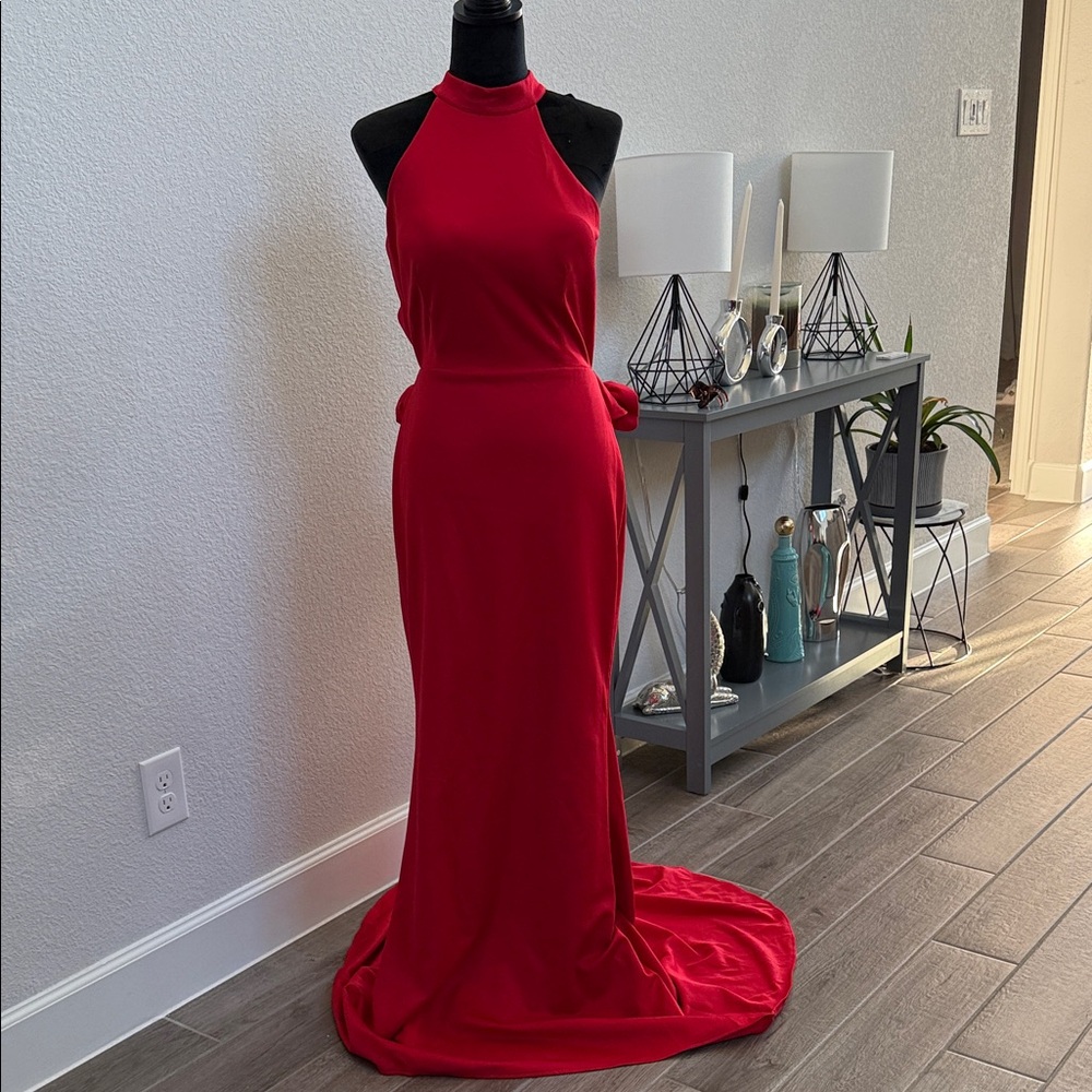 Red Halter Prom Dress with Elegant Train